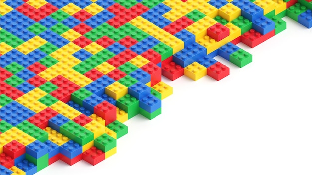 Colorful toy bricks completely filling white background and disappearing. Seamless loop.3d rendering