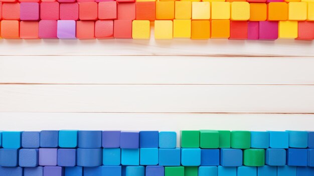 Photo colorful toy bricks on white wooden surface children s playthings neatly arranged on table