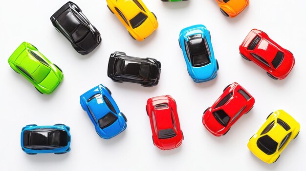 Photo colorful toy cars arranged in birds eye view fun and playful toy car set