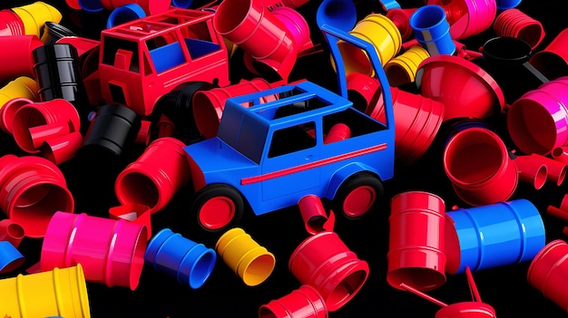 Photo colorful toy cars and barrels on black background