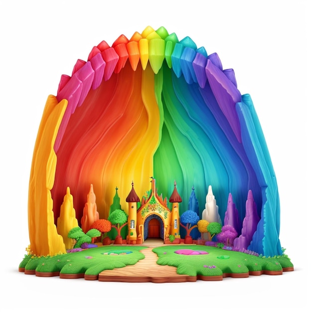 A colorful toy castle stands tall adorned with a vibrant rainbow arch and surrounded by lush trees