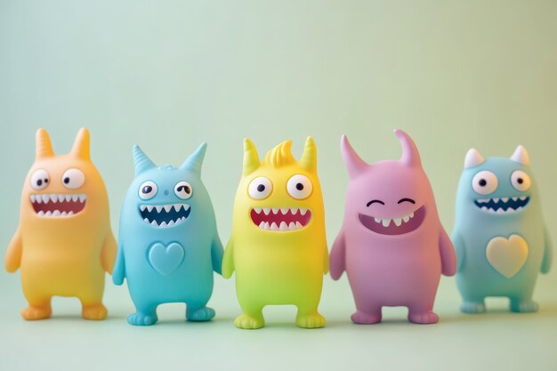 Photo colorful toy monsters lined up against a pastel background