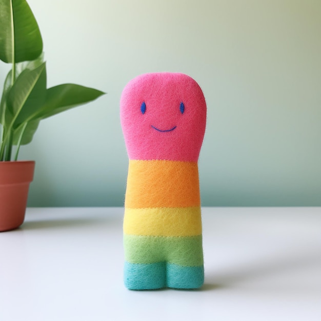 a colorful toy with a colorful face and a green plant in the background