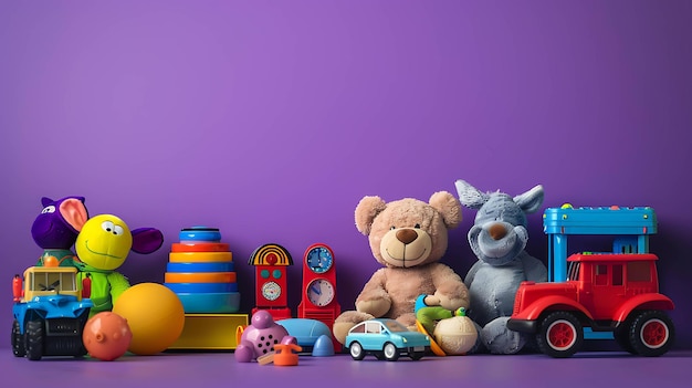 Colorful toys against a purple background