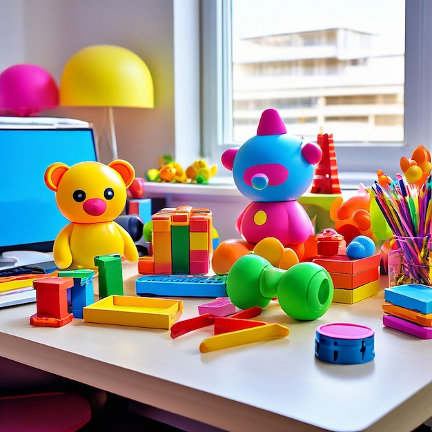 colorful toys collection on desk