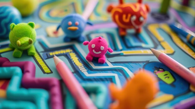 Photo colorful toys and crayons on a game board with a maze design