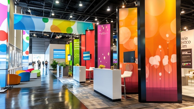 Photo colorful trade show booths with white counters and chairs