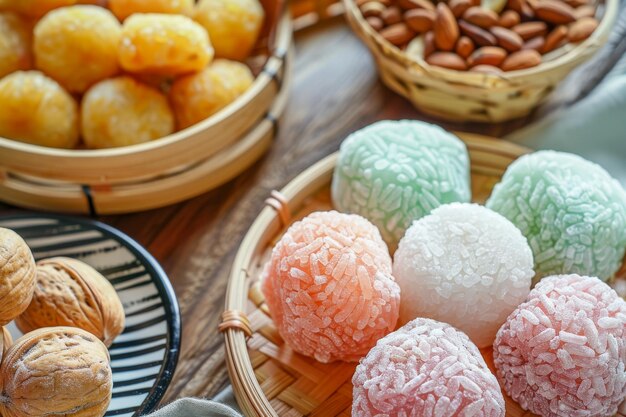 Colorful Traditional Asian Sweets in Bamboo Baskets with Nuts and Candied Fruits on Wooden Table