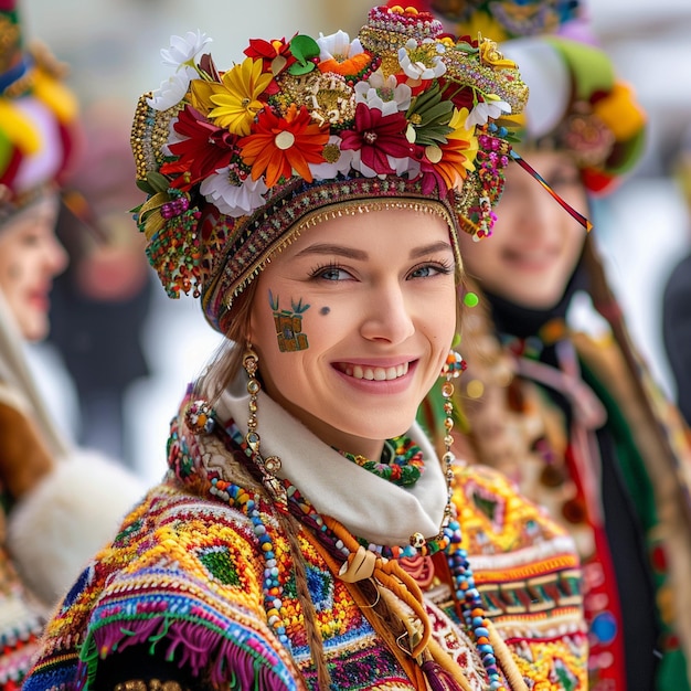 Colorful Traditional Estonian National Costume Parade Woman Smiling Portrait