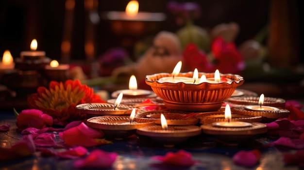 Colorful traditional oil lamps diya lit during diwali celebration Hindu festival of lights celebration AI generated illustration