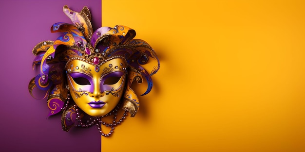 Colorful traditional venetian or mardi gras carnival mask with decoration for national festival celebration on purple yellow background with copy space