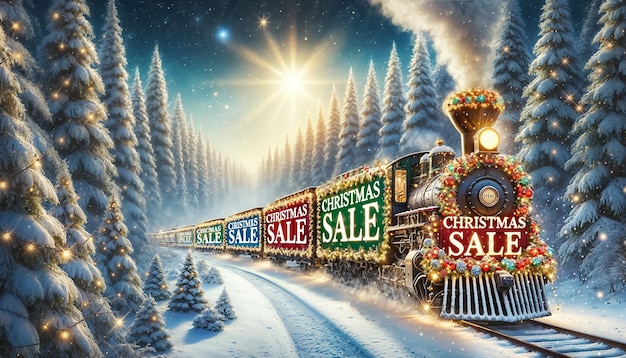 Photo a colorful train adorned with christmas sale signs chugs through a snowcovered forest with towering trees as sunlight glimmers in the background