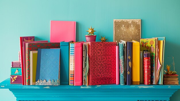 Photo colorful travel guides on a shelf