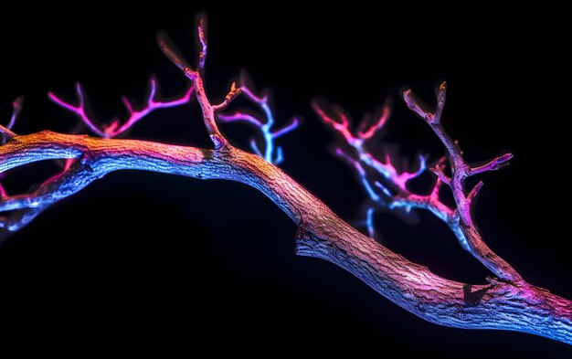 Photo a colorful tree branch with pink and blue lights.