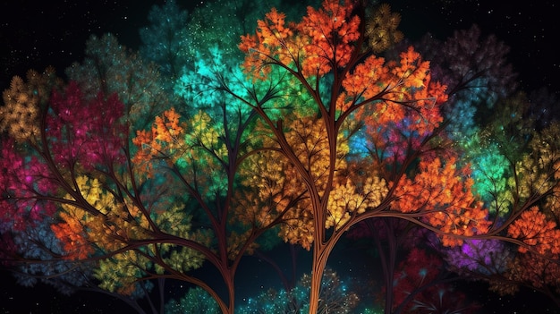 A colorful tree in the dark