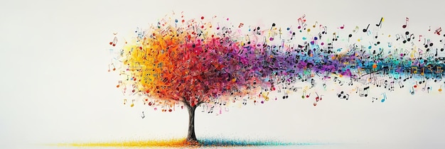 Colorful tree dispersing musical notes across canvas