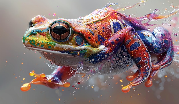 Colorful tree frog in midleap with water droplets surrounding it vibrant and dynamic wildlife concept