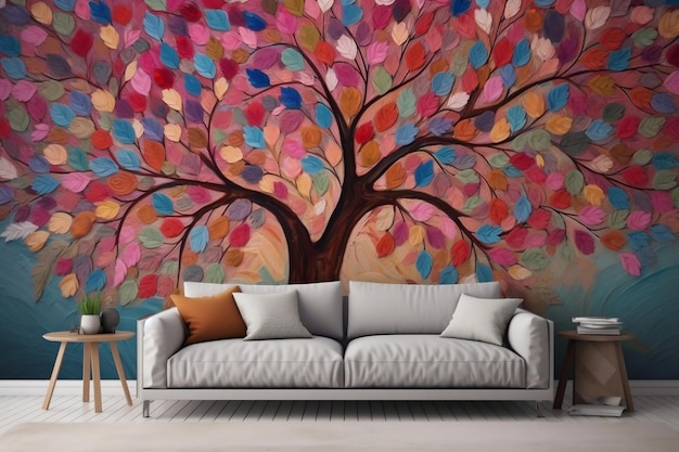 A colorful tree is painted on a wall in a living room.