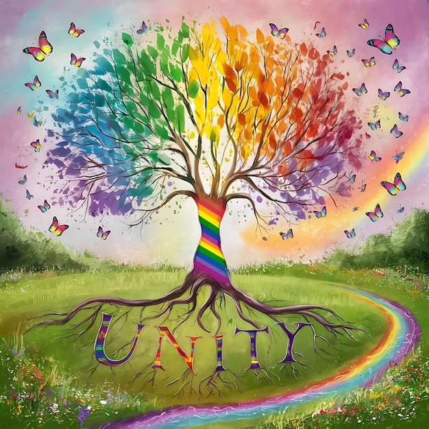 a colorful tree and rainbow with the word unity written on it