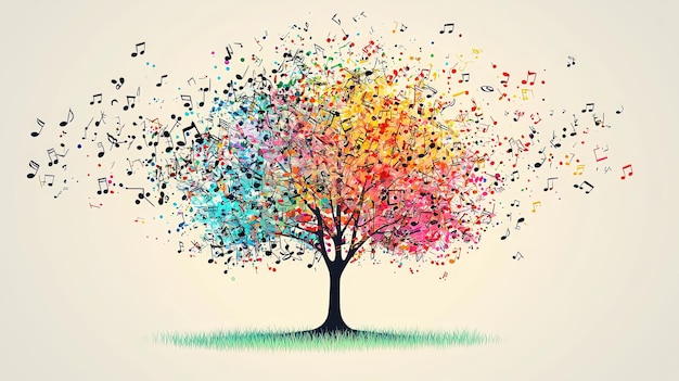 Colorful tree topped with musical notes abstract art