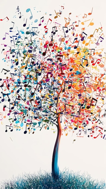 Photo colorful tree with a burst of musical notes in air