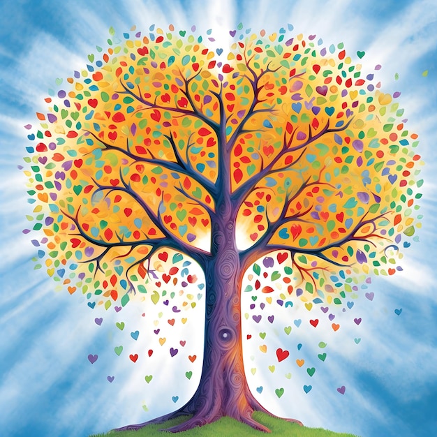 A colorful tree with hearts on it