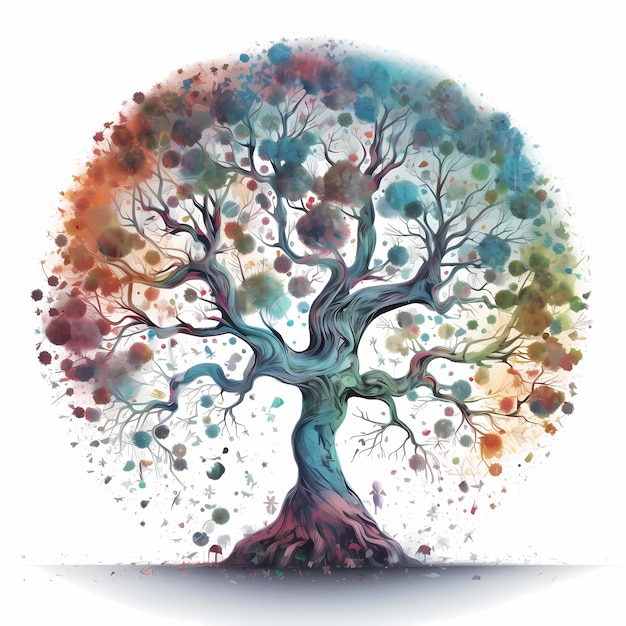 A colorful tree with a large circle of leaves and the word tree on it