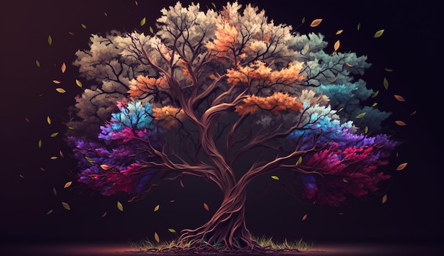 Colorful tree with leaves on hanging branches generative Ai