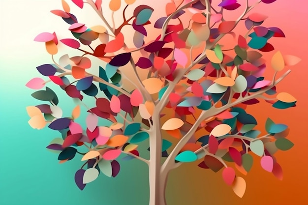 Colorful tree with leaves on hanging branches illustration background 3d abstraction wallpaper for