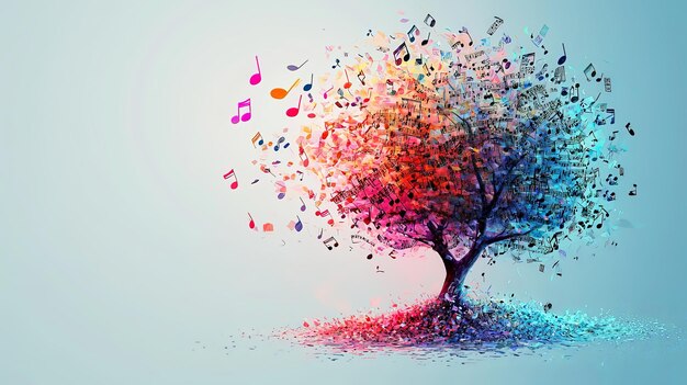 Colorful tree with musical notes blending sky and ground