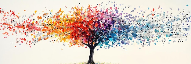 Colorful tree with musical notes in bright tones art