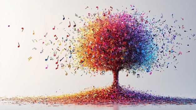 Colorful tree with musical notes on white background style