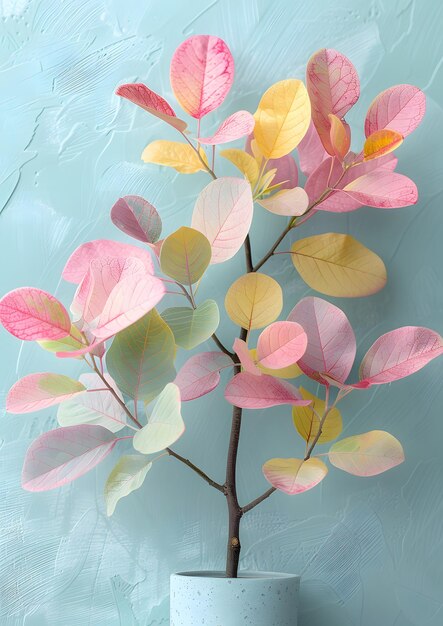 A colorful tree with pink yellow and orange leaves is in a blue vase