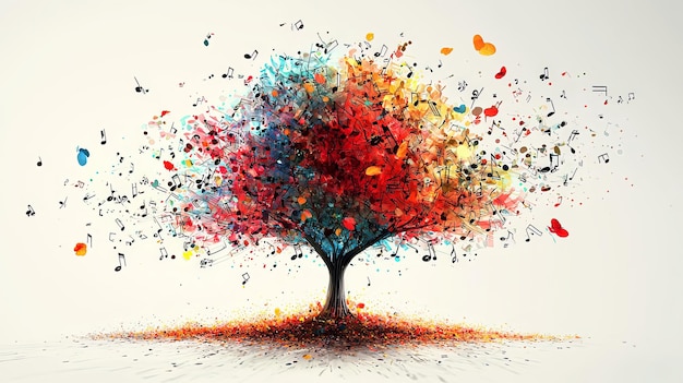 Colorful tree with scattered musical notes around it