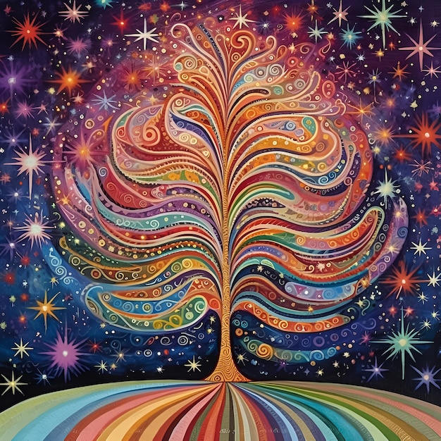 A colorful tree with stars and the word tree on it.