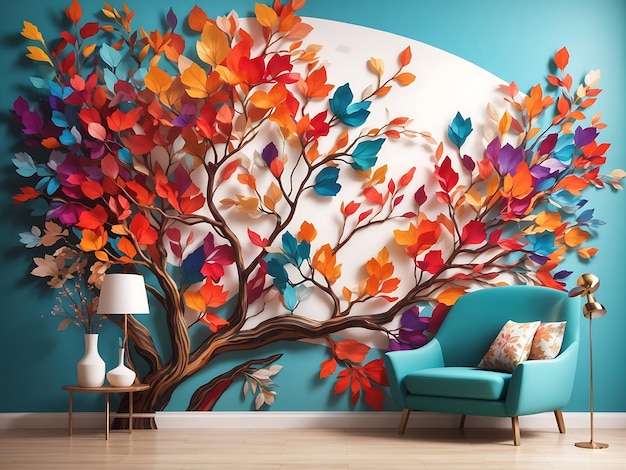 colorful tree with vibrant leaves hanging branches illustration background