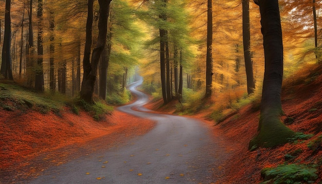 Colorful trees and footpath road in autumn landscape in deep forest