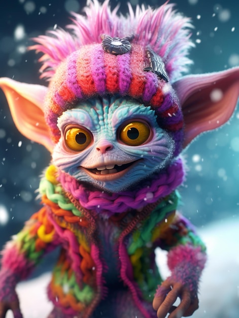 A colorful troll with a ring on his finger is walking in the snow.