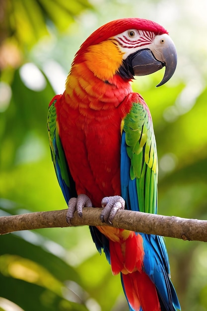 Colorful tropical ara parrot in jungle on a sunny day Rainforest illustration with bright beautiful macaw among exotic plants with big leaves Background with pristine nature landscape Generative AI