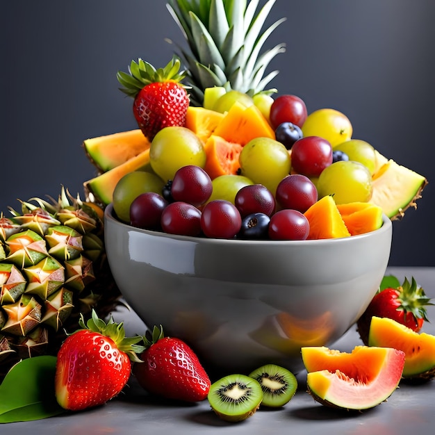 Colorful Tropical and Berry Fruit Medley in Gray Ceramic Bowl Perfect Summer Snack or Dessert