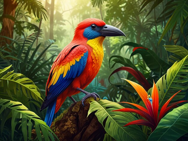 Colorful tropical bird in jungle on a sunny day Rainforest illustration with bright beautiful birdie