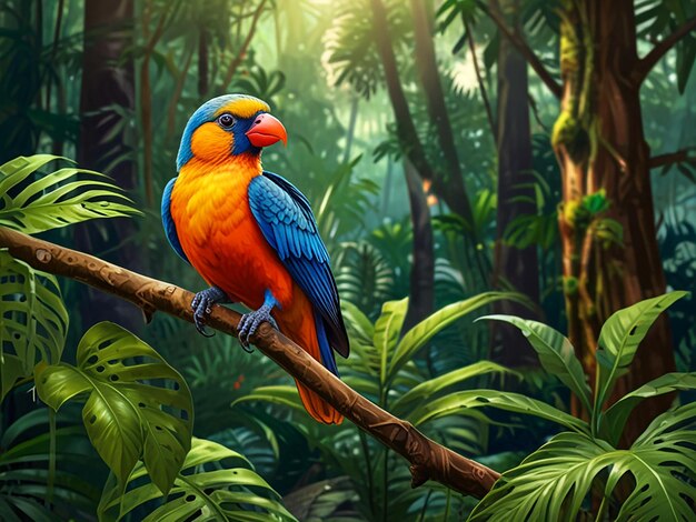 Colorful tropical bird in jungle on a sunny day Rainforest illustration with bright beautiful birdie