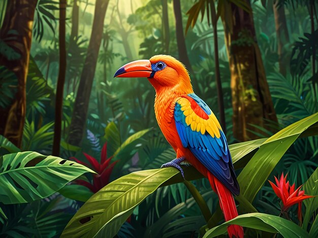 Colorful tropical bird in jungle on a sunny day Rainforest illustration with bright beautiful birdie