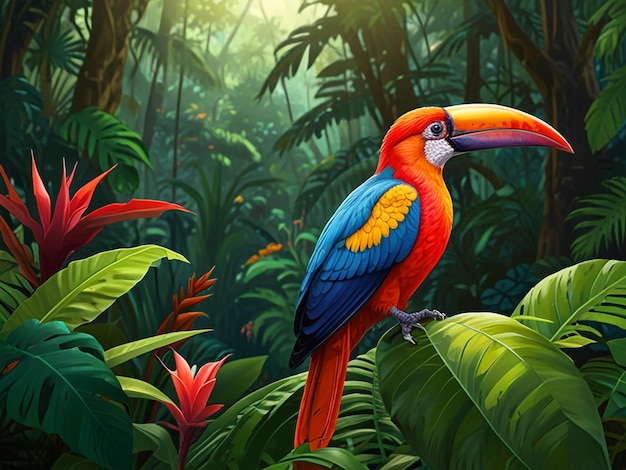 Colorful tropical bird in jungle on a sunny day Rainforest illustration with bright beautiful birdie