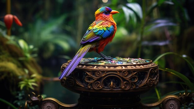 A colorful tropical bird perched on an intricately designed wooden stand set against a lush