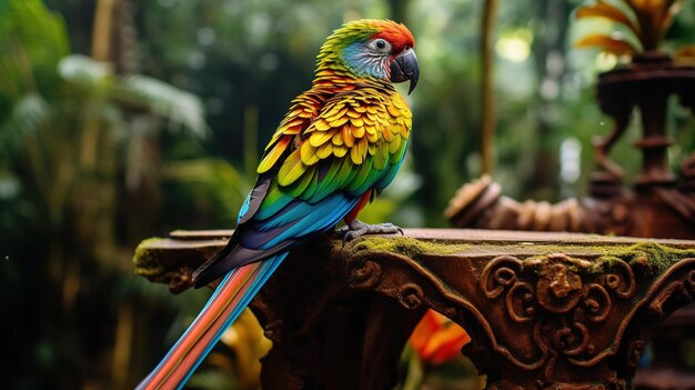 A colorful tropical bird perched on an intricately designed wooden stand set against a lush