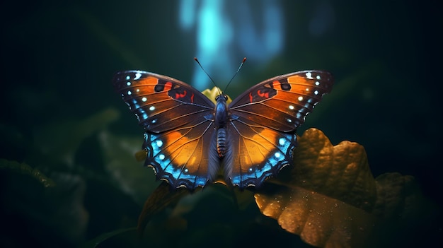 Colorful tropical butterfly on the leaves against the background of the forest Generative AI