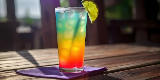 colorful tropical cocktail on a wooden table on a sunny day multicolored limonade