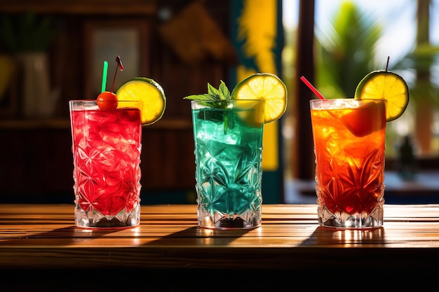 Colorful Tropical Cocktails in Tiki Glasses