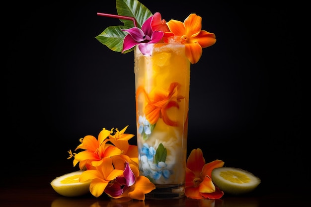 A colorful tropical drink with floating edible flowers